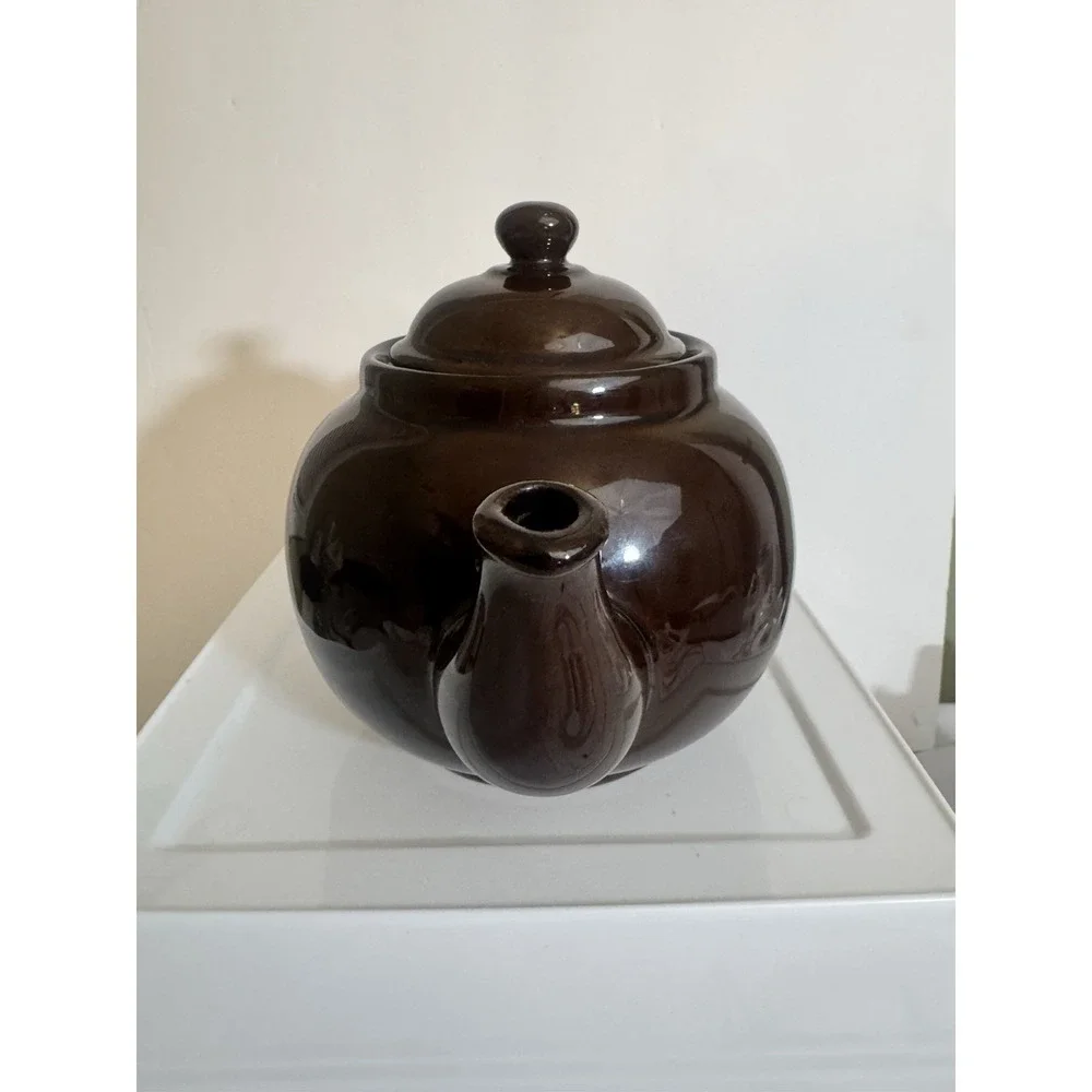 Vintage Brown Glazed Ceramic Teapot Made In England Round Pottery Tea Pot Lid